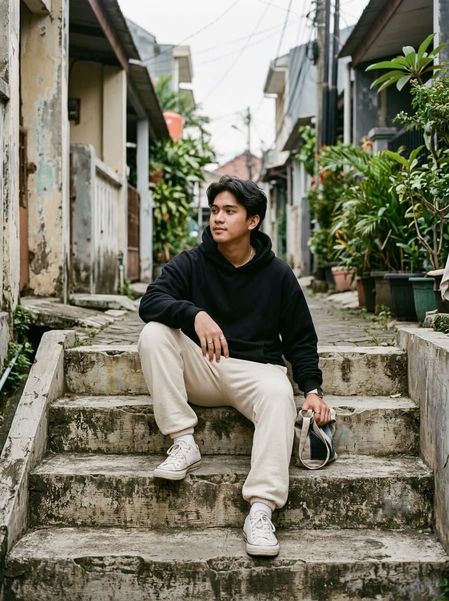 Model memakai hoodie hitam dan sweatpants oat