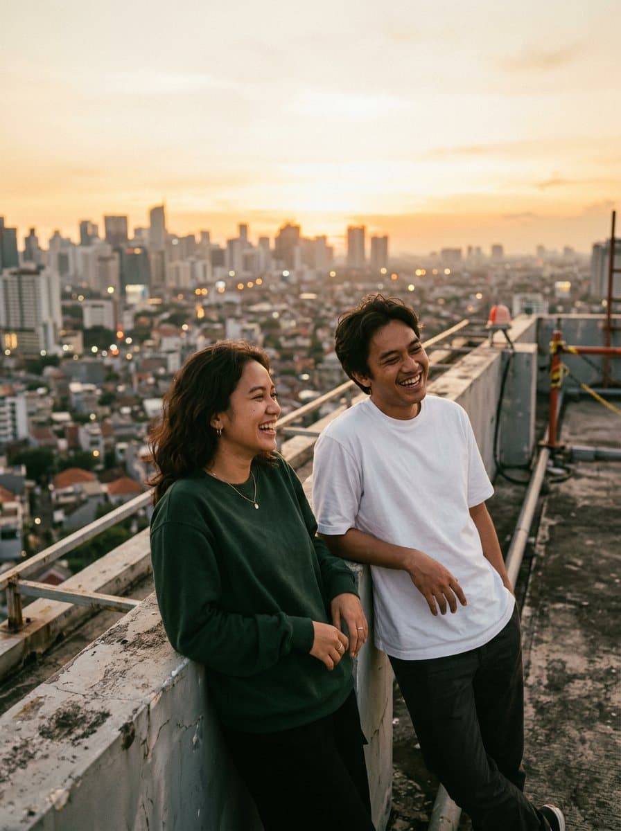 Dua model memakai crewneck hijau dan kaos putih